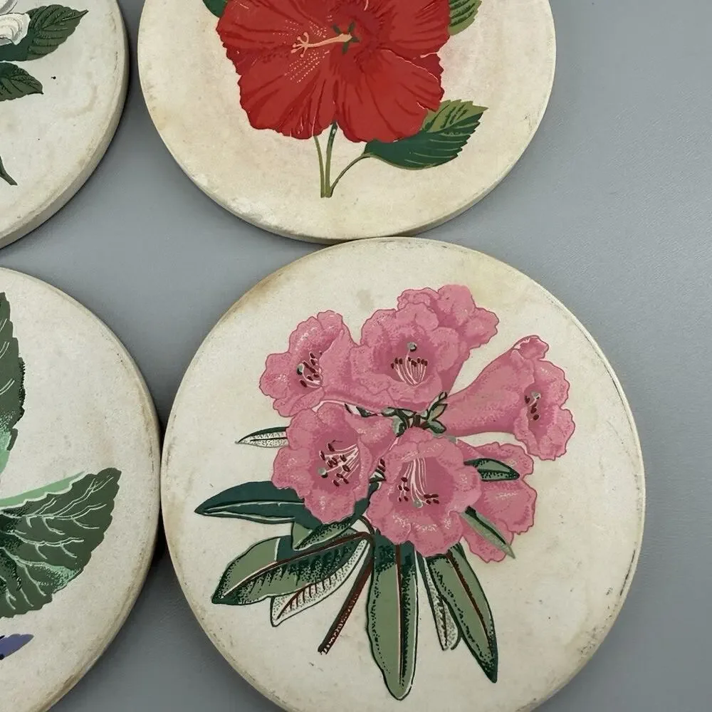 Vintage CoasterStone Floral Sandstone Coaster Set of 4 With Original Box